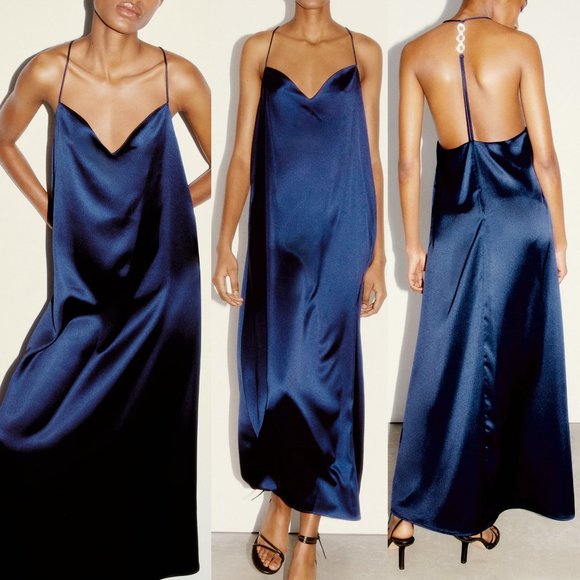 Zara Dresses & Skirts - NEW Zara Midnight Blue Silky Satin Bling Jewel Strap Open Back Slip Maxi Dress S